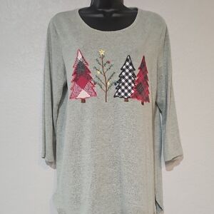 Clover+Pine | Women's Green Festive Embellished Trees 3/4 Long Sleeve Top  XL